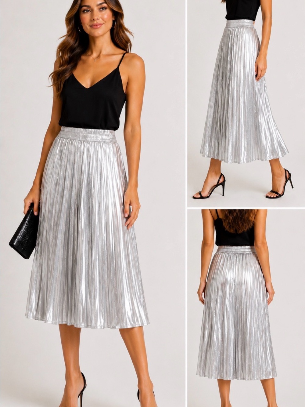 Tulléa Los Angeles Silver Metallic Pleated Midi Skirt Size S